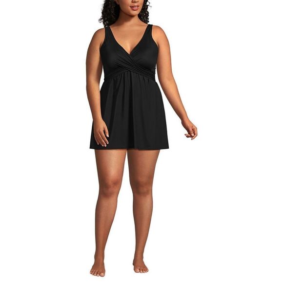 Land's End Plus Standard Slendersuit Wrap MiniDress One piece swimsuit Black Var - Picture 2 of 15